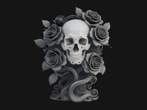 Rose Skull Relief Plaque Design 3 - 3D Print Model 3D Print Model