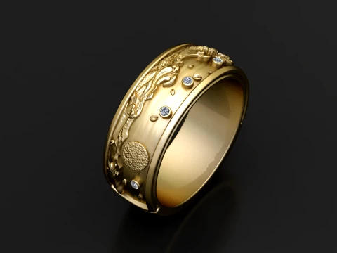 Floral Diamond Gold Band Ring 3D Model