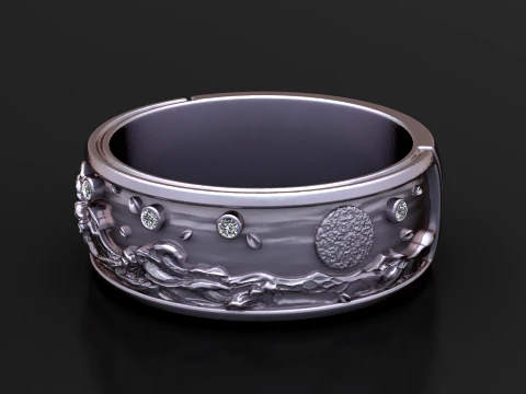 Floral Diamond Gold Band Ring 3D Model