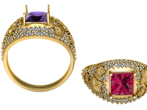 Princess Cut Floral Gemstone Ring 3D Модель