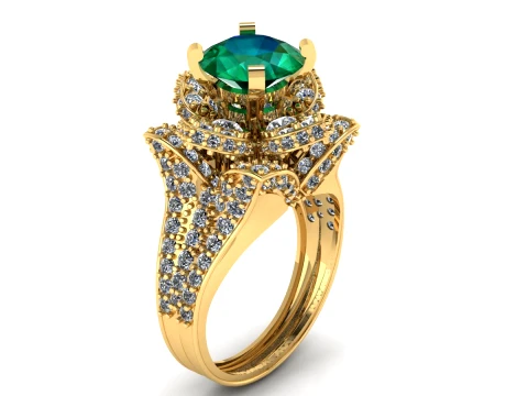 Luxury Emerald Green Gemstone Gold Ring with Diamond Floral Design 3D Printable Jewelry Model 3Dモデル